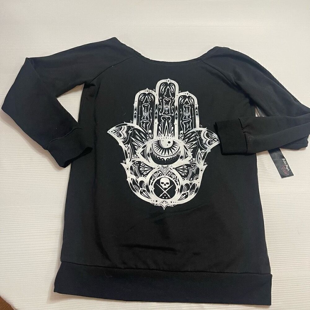 Sullen Angels X Cleo Womens XS Hamsa Evil Eye Pullover Sweatshirt Black Raglan